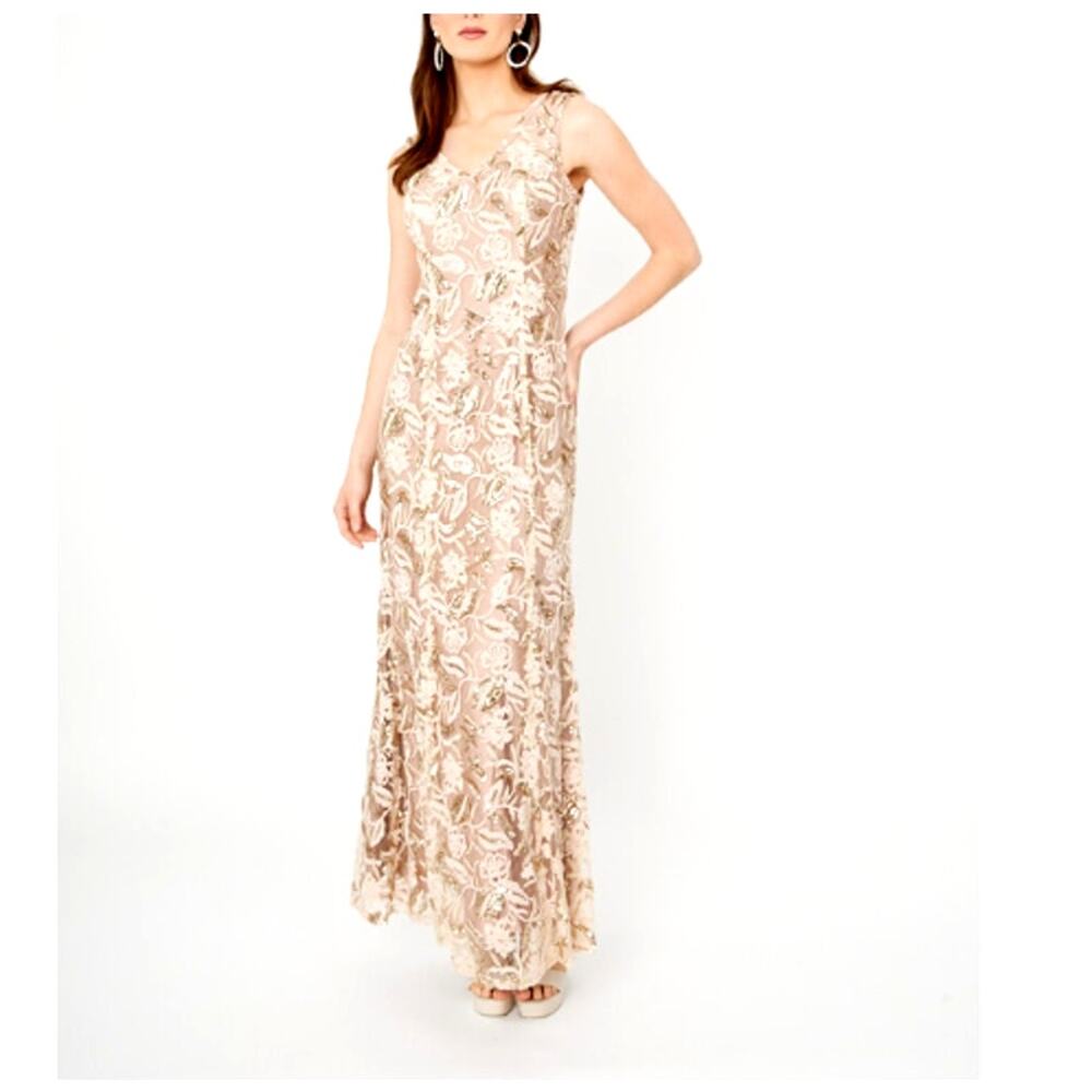 Alex Evenings Women's Champagne Floral Embroidered V-neck Evening Dress Size 8